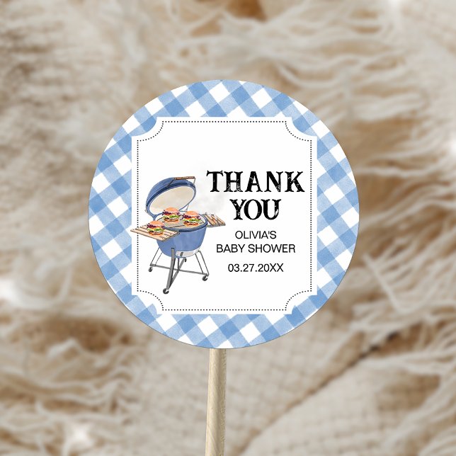 Sticker Rond Baby shower BBQ Burger Bleu (Blue Burger BBQ Baby Shower Sticker)