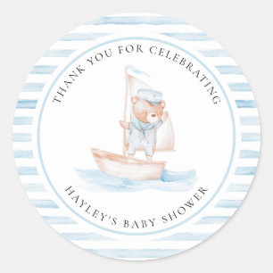 Sticker Rond Baby shower Bear Bleu Stripe
