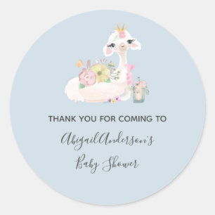 Sticker Rond Baby shower bébé Llama bleu et blanc