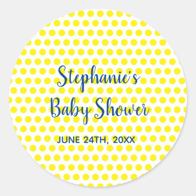 Sticker Rond Baby shower blanc bleu Pois jaune mignon (Devant)