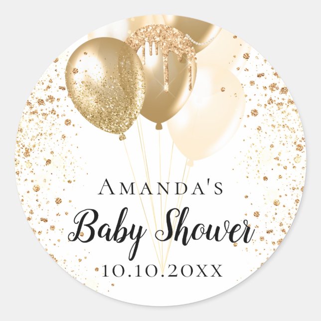 Sticker Rond Baby shower blanc or parties scintillant nom ballo (Devant)