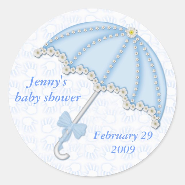 Sticker Rond baby shower bleu1, baby shower de Jenny, février.. (Devant)