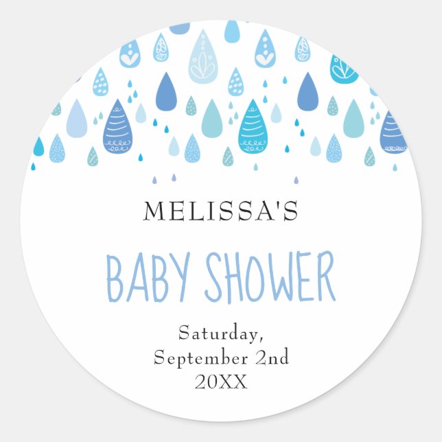 Sticker Rond Baby shower Bleu bleu gouttes / Saupoudrer (Devant)