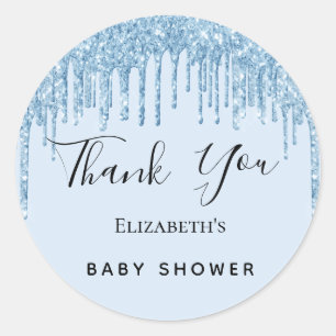 Sticker Rond Baby shower bleu clair parties scintillant Merci