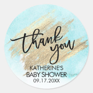 Sticker Rond Baby shower bleu de course de brosse d'or