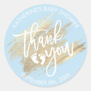 Sticker Rond Baby shower bleu de course de brosse d'or blanc