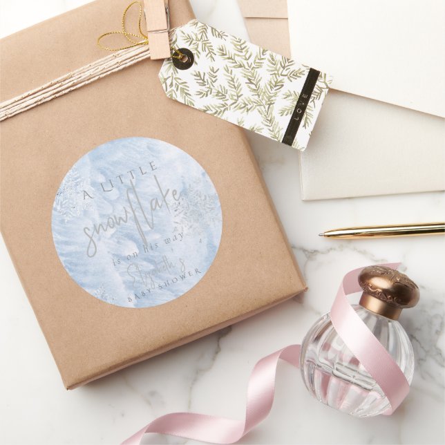 Sticker Rond Baby shower Bleu de flocons d'hiver d'argent conge (Cadeaux)