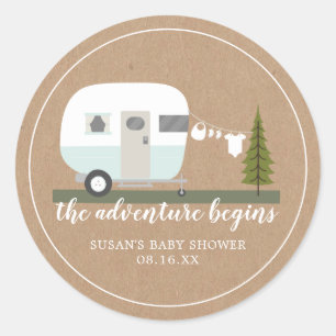 Sticker Rond Baby shower Bleu de la remorque Adventure Retro Ca