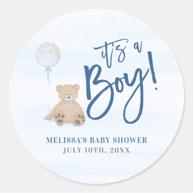 Sticker Rond Baby shower Bleu de l'ours en peluche (Devant)