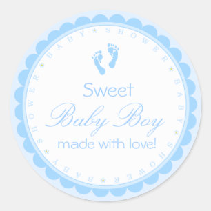 Sticker Rond Baby shower bleu d'empreintes de pas de bébé dou