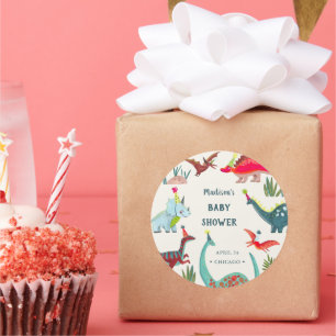 Sticker Rond Baby shower bleu dinosaure
