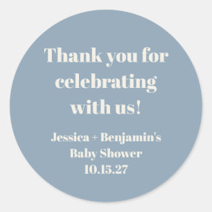 Sticker Rond Baby shower bleu Dusty moderne Merci personnalisé