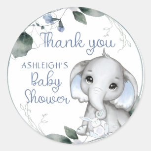 Sticker Rond Baby shower Bleu Eléphant Aquarelle Merci