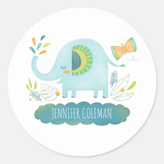 Sticker Rond Baby shower bleu Eléphant mignon (Devant)