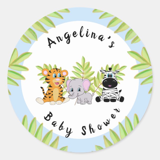 Sticker Rond Baby shower bleu garçon Safari Jungle Animaux (Devant)