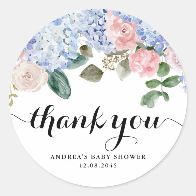Sticker Rond Baby shower bleu Hydrangea et rose rose Merci (Devant)