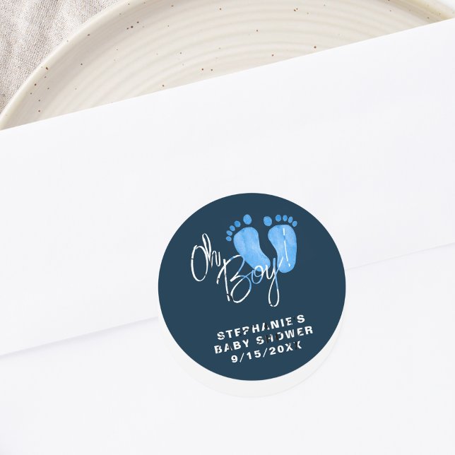 Sticker Rond Baby shower bleu marine Oh Boy moderne (Créateur téléchargé)
