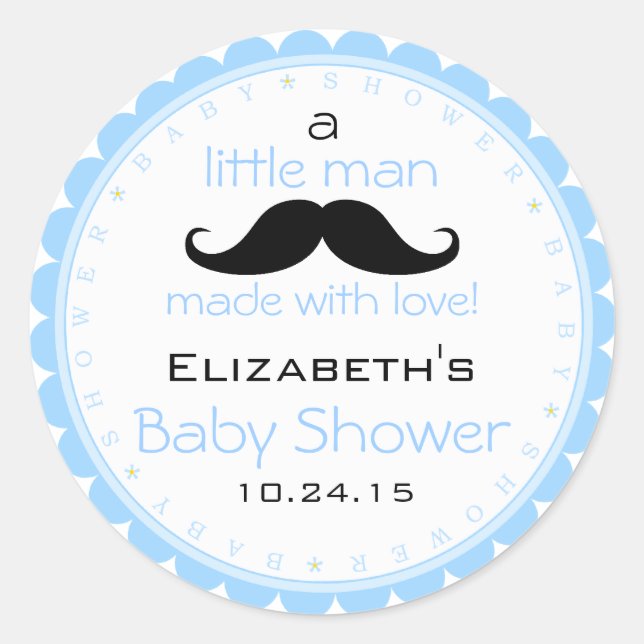 Sticker Rond Baby shower bleu moustache (Devant)