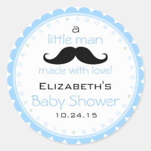 Sticker Rond Baby shower bleu moustache