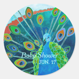 Sticker Rond Baby shower bleu paon fière Favoriser les autocoll
