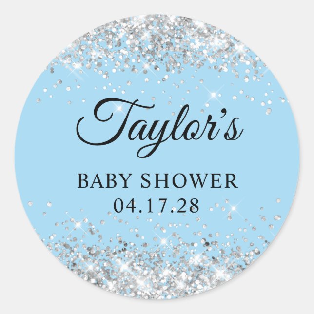 Sticker Rond Baby shower bleu Parties scintillant argent (Devant)