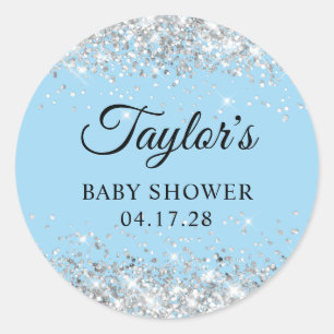 Sticker Rond Baby shower bleu Parties scintillant argent