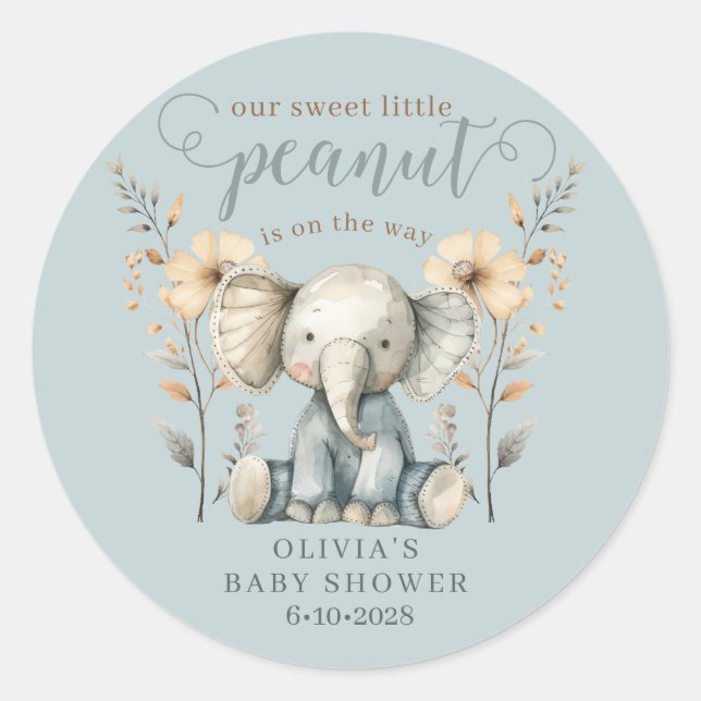 Sticker Rond Baby shower bleu petit arachide éléphant (Devant)