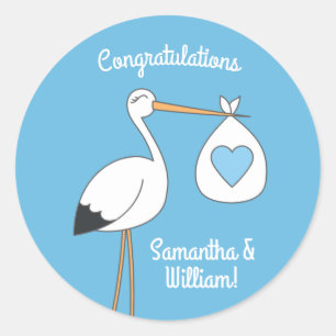 Sticker Rond Baby shower Blue Boy Stork