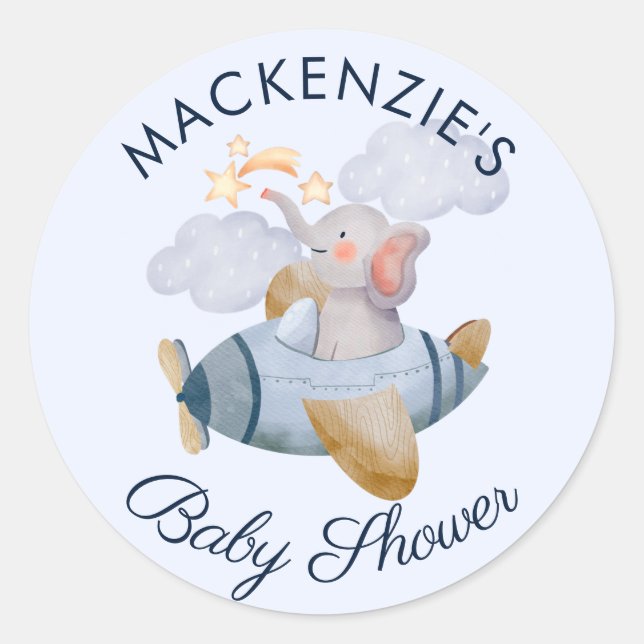 Sticker Rond Baby shower Blue Boy's Elephant Plane Classic Rou (Devant)
