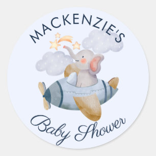 Sticker Rond Baby shower Blue Boy's Elephant Plane Classic Rou