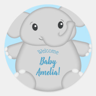 Sticker Rond Baby shower Blue Elephant
