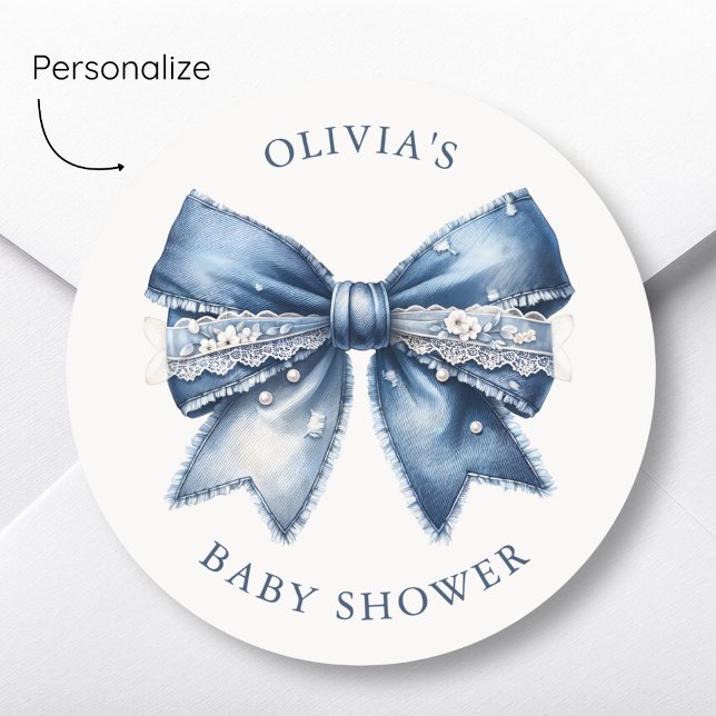Sticker Rond Baby shower Blue Jean Denim Bow (Créateur téléchargé)