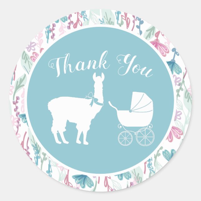 Sticker Rond Baby shower Blue Llama Boy (Devant)