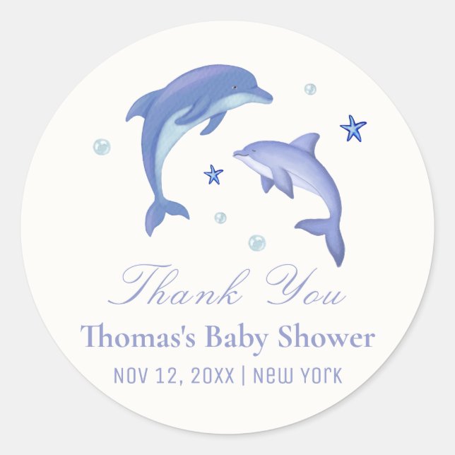 Sticker Rond Baby shower Blue Modern Summer Dolphin Stars (Devant)