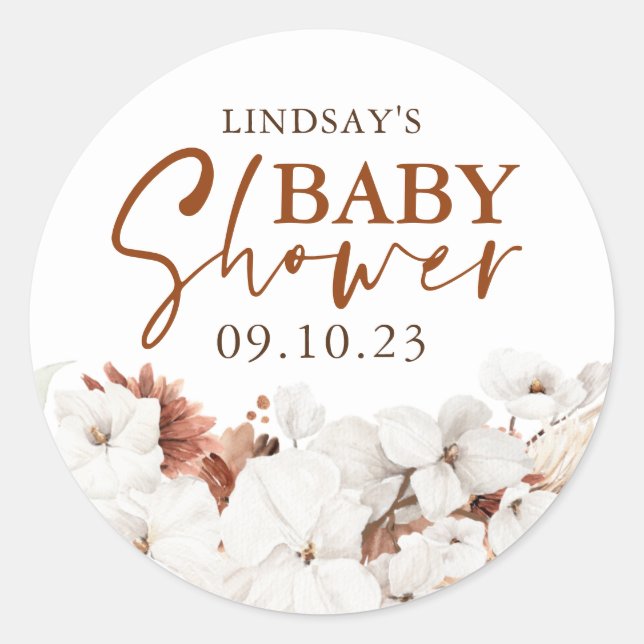 Sticker Rond Baby shower Boho en terre cuite et fleurs blanches (Devant)