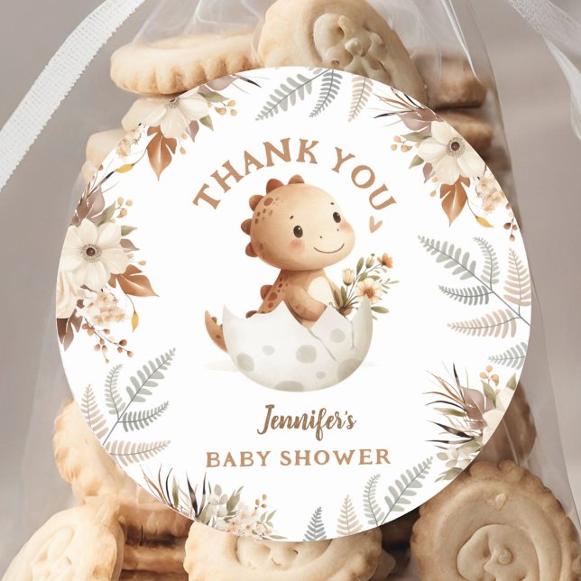 Sticker Rond Baby shower Boho Neutral Cute Dinosaur (Créateur téléchargé)