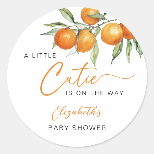 Sticker Rond Baby shower Botanique Citrus Orange Little Cutie (Devant)