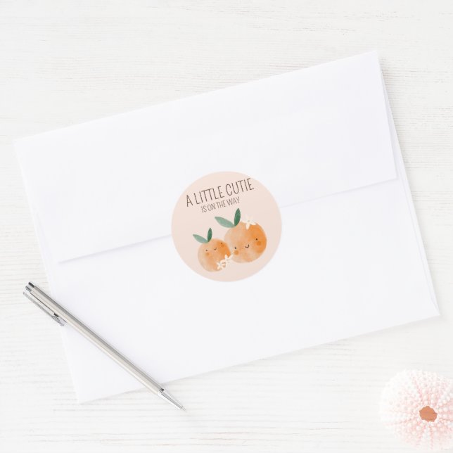Sticker Rond Baby shower botanique Little Cutie Orange Citrus (Enveloppe)