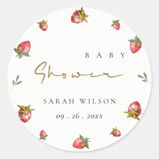 Sticker Rond Baby shower botanique mignon de fraise rouge (Devant)