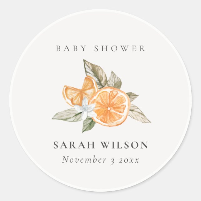 Sticker Rond Baby shower botanique orange minimal en feuilles (Devant)