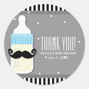 Sticker Rond Baby shower Bouteille & Moustache Faveur moderne
