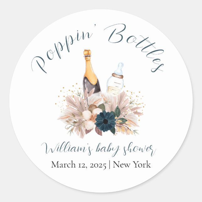 Sticker Rond Baby shower Bouteilles Champagne Poppin Blue Boho (Devant)
