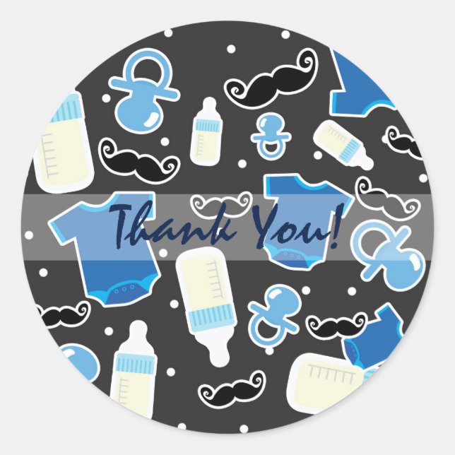 Sticker Rond Baby shower Boy Things Blue & Grey Modern Favorise (Devant)