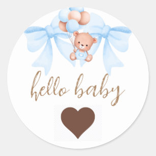 Sticker Rond Baby shower Brown Bear Blue Bow