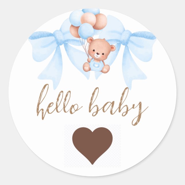 Sticker Rond Baby shower Brown Bear Blue Bow (Devant)