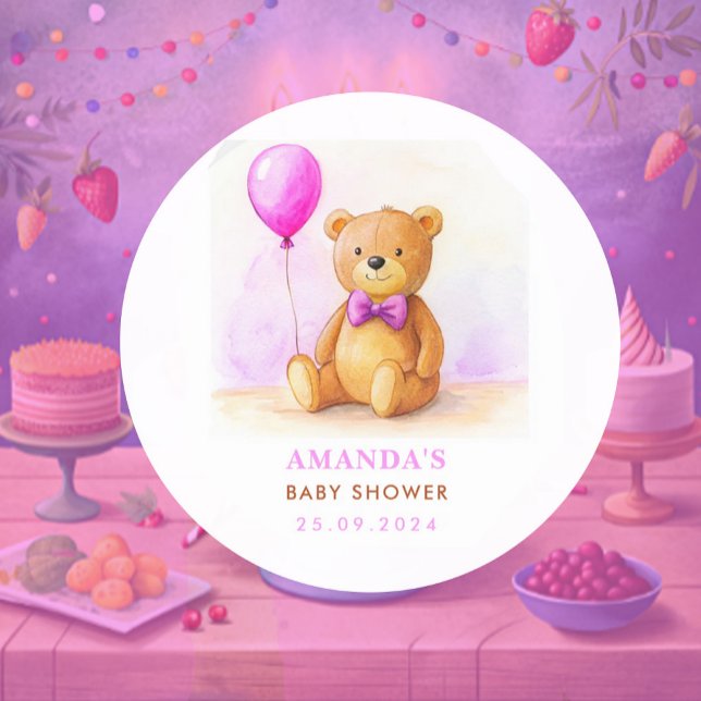 Sticker Rond Baby shower Brown Teddy Bear Balloon Pastel Pink (Créateur téléchargé)