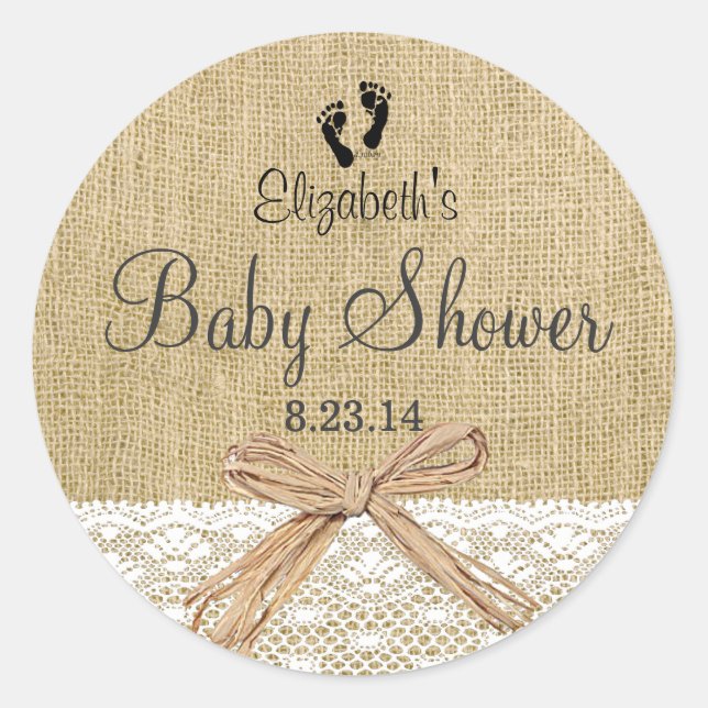 Sticker Rond Baby shower Burlap dentelle et empreintes - Favori (Devant)