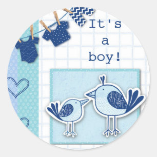 Sticker Rond Baby shower C’est un garçon Bleu Oiseaux