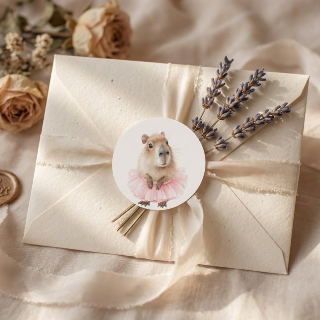 Sticker Rond Baby Shower Capybara  (watercolor baby shower sticker with pink tutu capybara on soft white background)