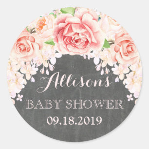 Sticker Rond Baby shower Chalkboard Pink Watercolor Flowers